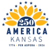 Stylized sunflower logo for America’s 250th anniversary, featuring yellow petals, blue stars, and a blue center with 250. Text below reads: America, Kansas, 1776, Per Aspera, 2026